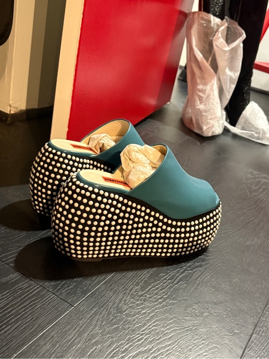 Simon Miller Shoes - Simon Miller Teal Platform Mule with Black-and-White Studded Wedge